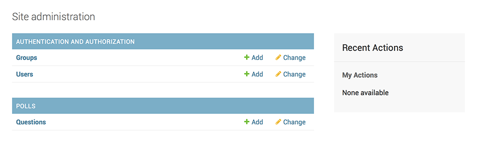 Django adminのインデックスページ、現在はpollsが表示されています