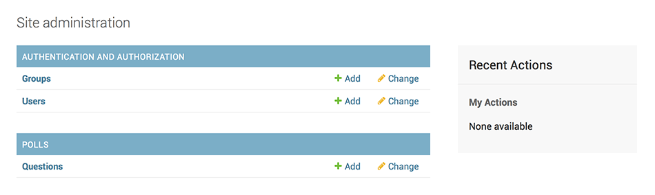 Django admin index page, now with polls displayed